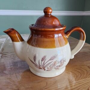 Vintage Brown And Tan Stone Ware Harvest Wheat Pattern Teapot